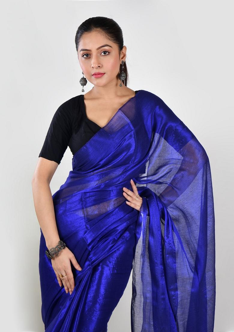 Ink Blue Solid Tissue Saree Set