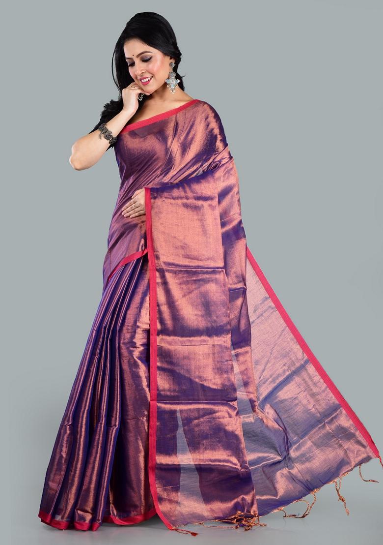 Blue Solid Tissue Saree Set