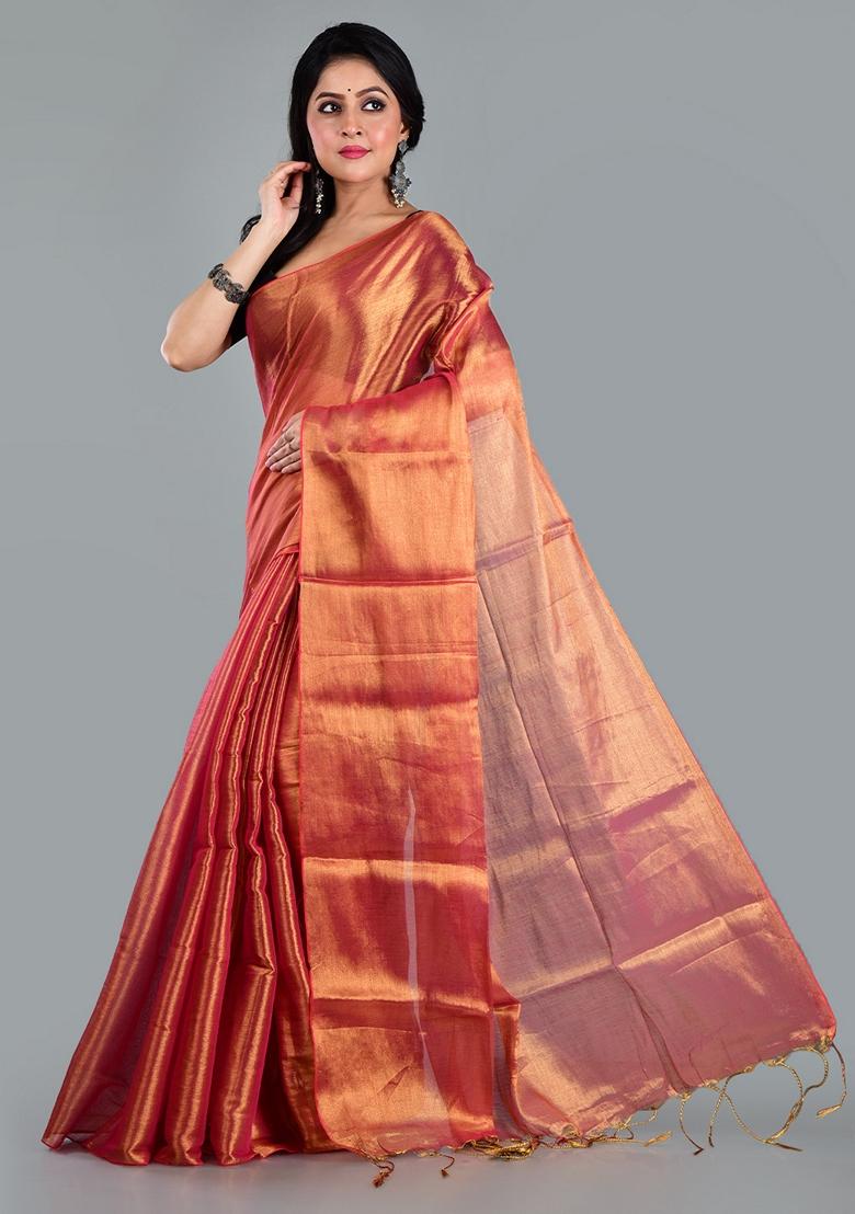 Orange Solid Tissue Saree Set