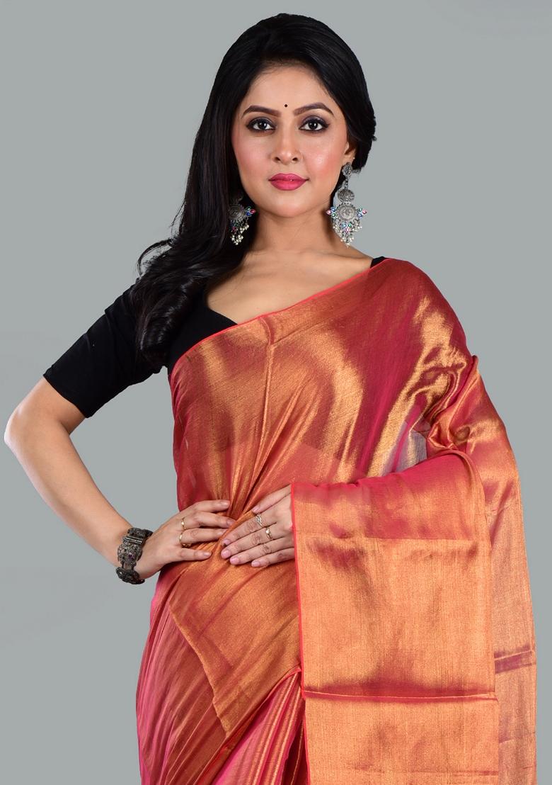 Orange Solid Tissue Saree Set