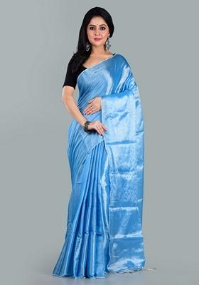 Ocean Blue Solid Tissue Saree Set