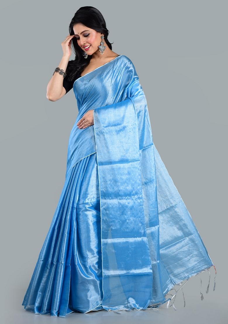 Ocean Blue Solid Tissue Saree Set