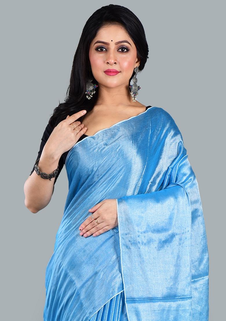 Ocean Blue Solid Tissue Saree Set