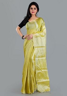 Neon Green Solid Tissue Saree Set