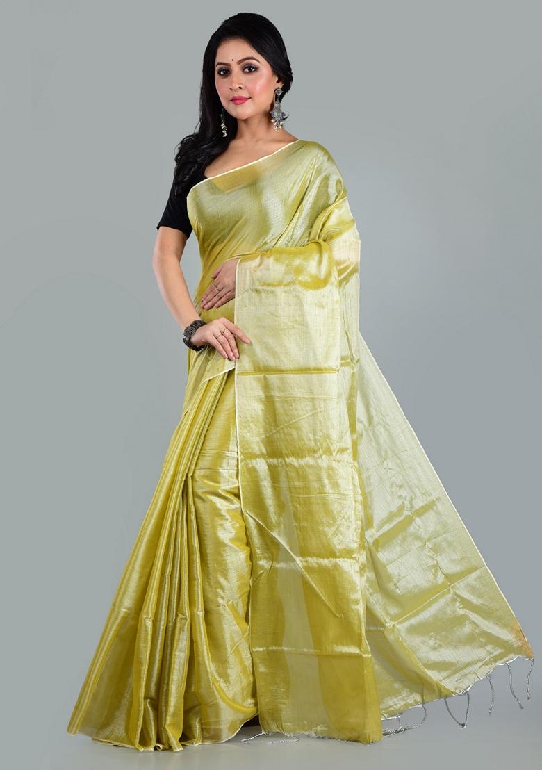 Neon Green Solid Tissue Saree Set
