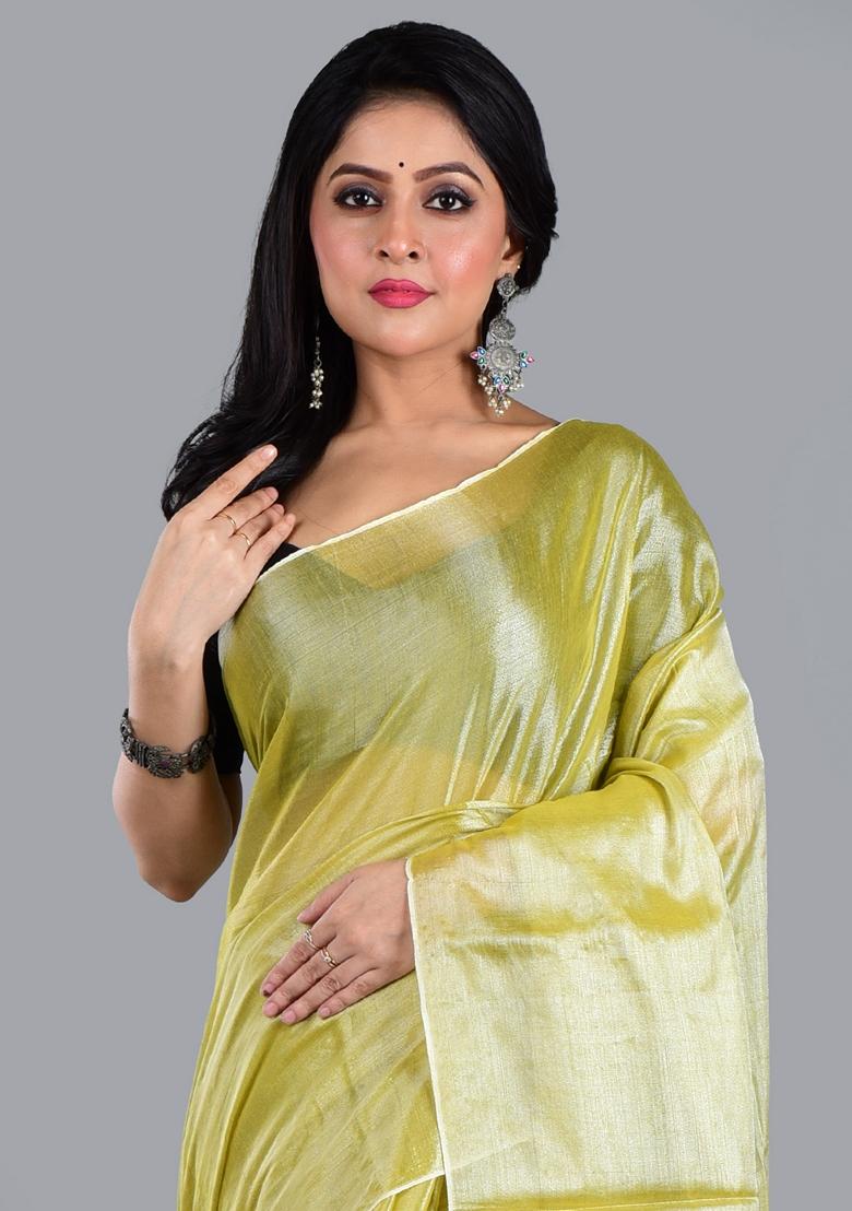 Neon Green Solid Tissue Saree Set
