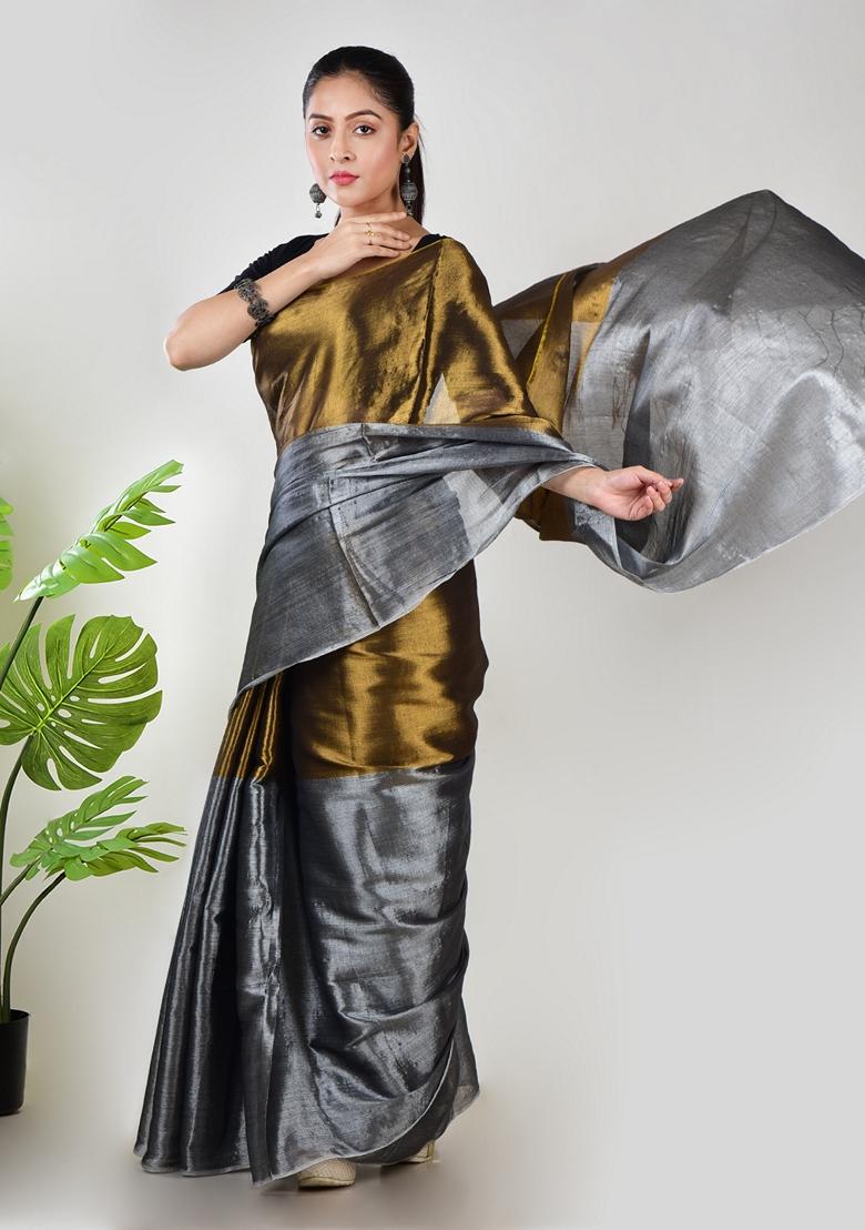 Golden Solid Tissue Saree Set