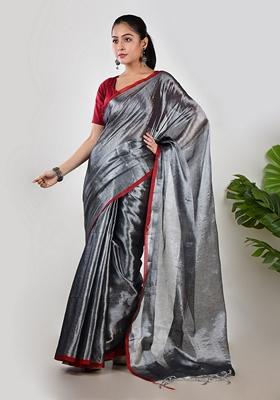 Silver Solid Tissue Saree Set