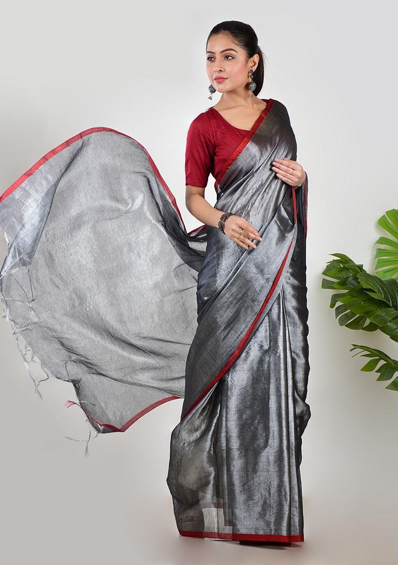 Silver Solid Tissue Saree Set