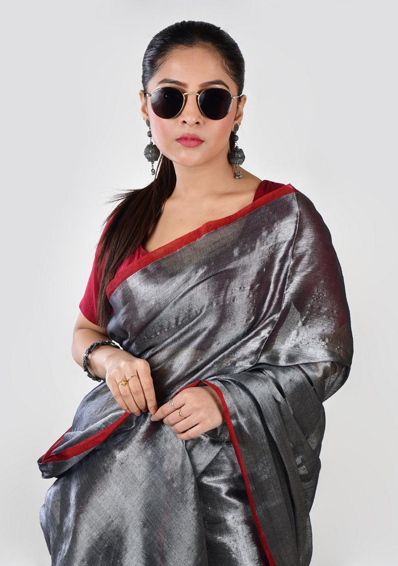 Silver Solid Tissue Saree Set