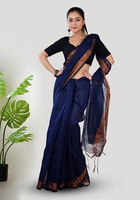 Blue Embroidered Linen Saree Set
