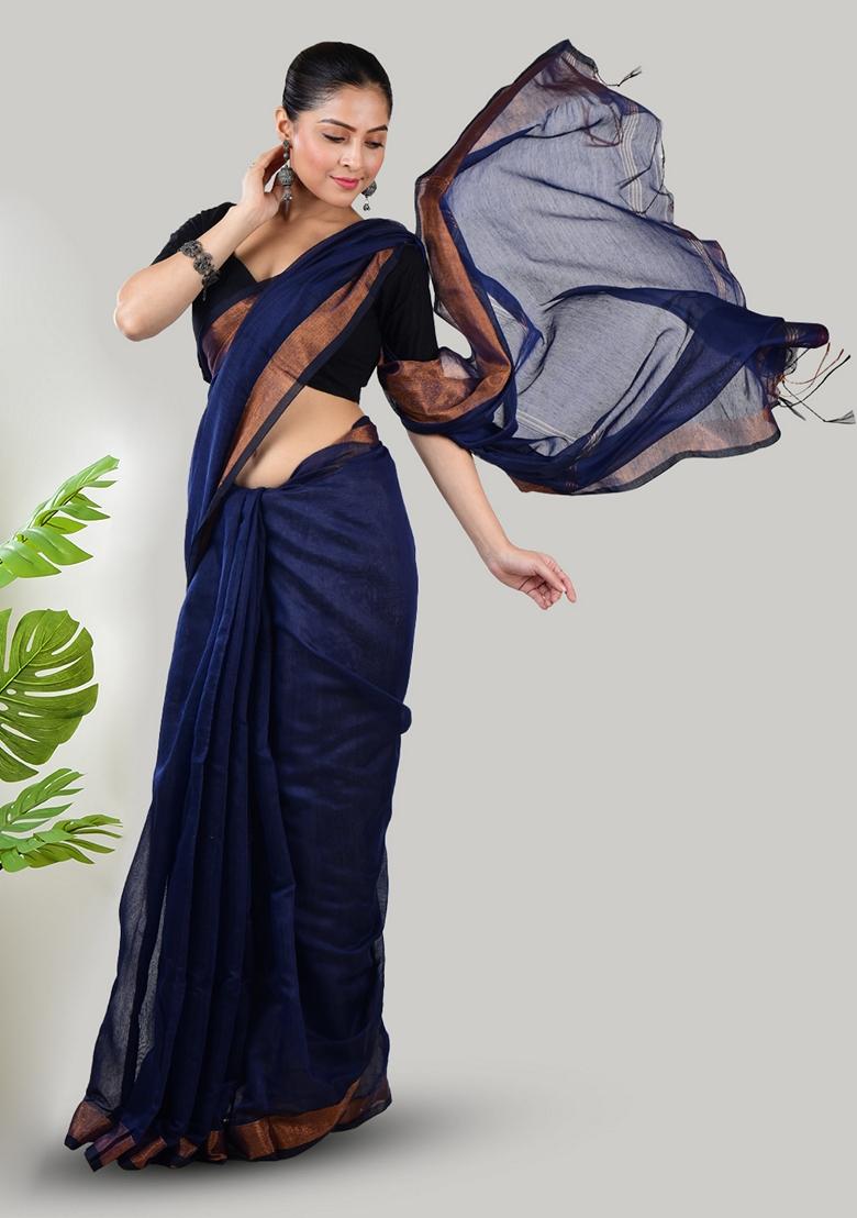 Blue Embroidered Linen Saree Set