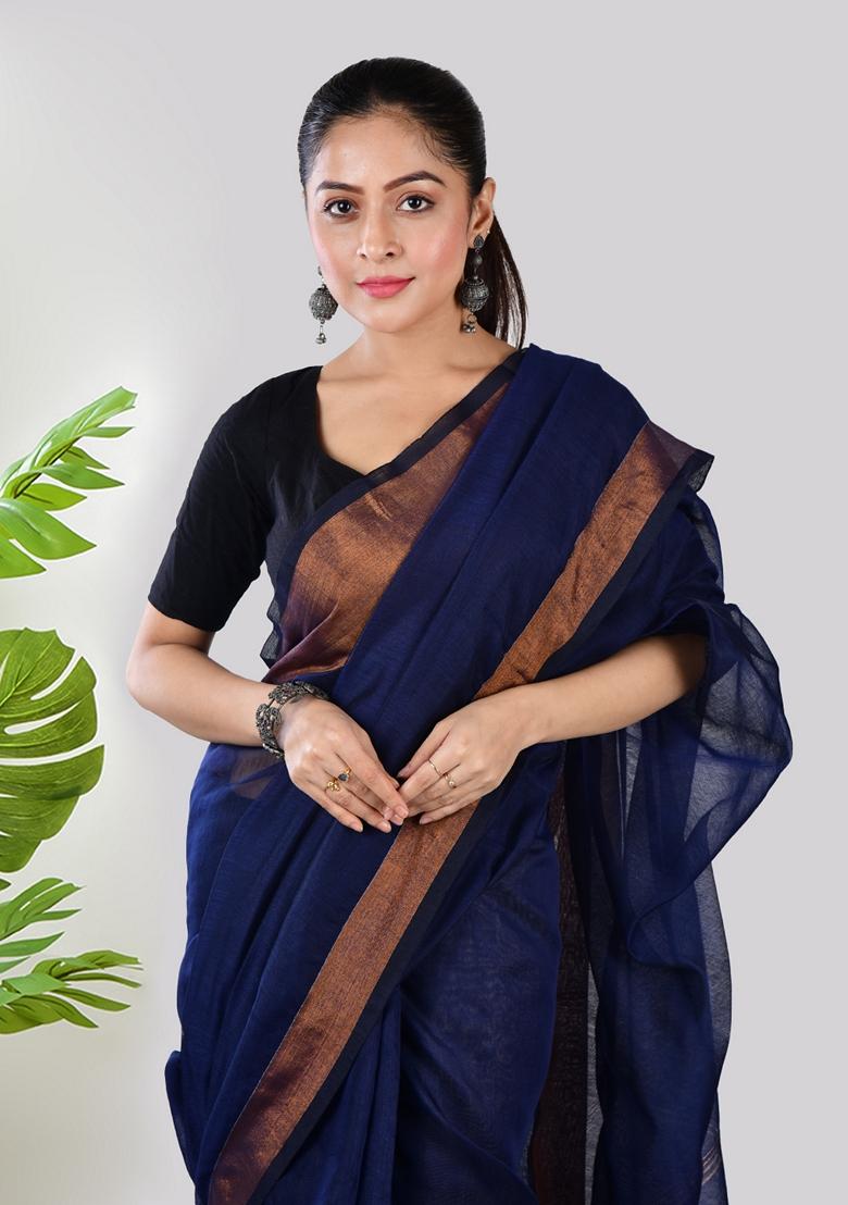Blue Embroidered Linen Saree Set