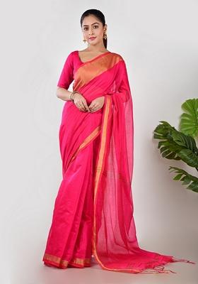 Pink Embroidered Linen Saree Set