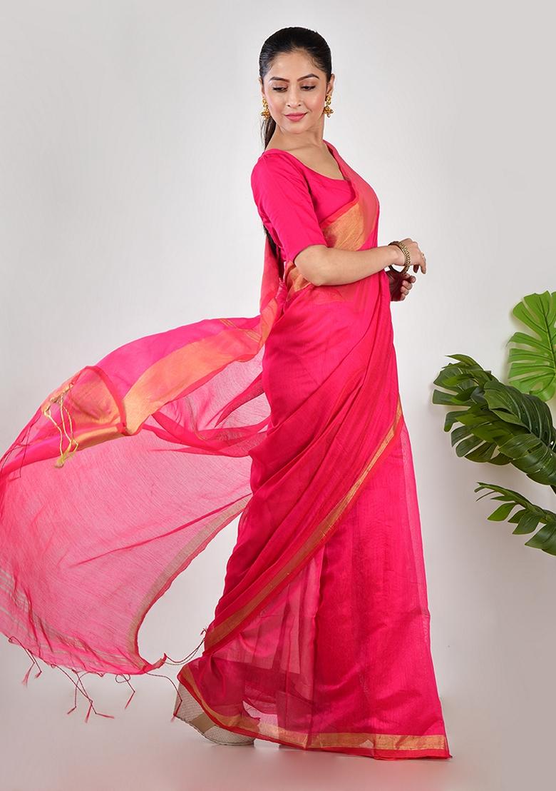 Pink Embroidered Linen Saree Set
