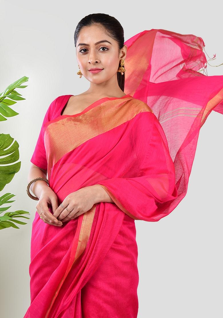 Pink Embroidered Linen Saree Set