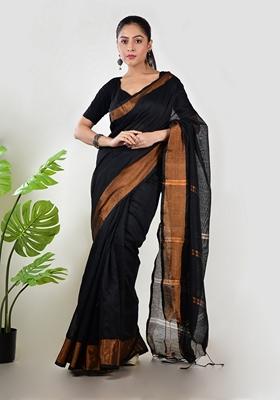 Black Embroidered Linen Saree Set