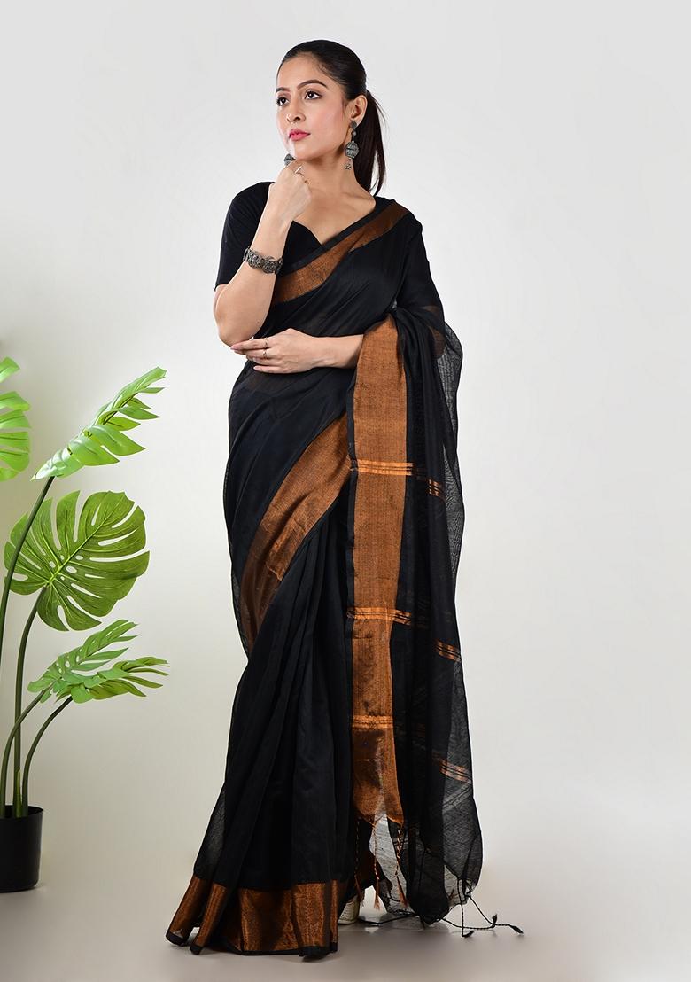 Black Embroidered Linen Saree Set