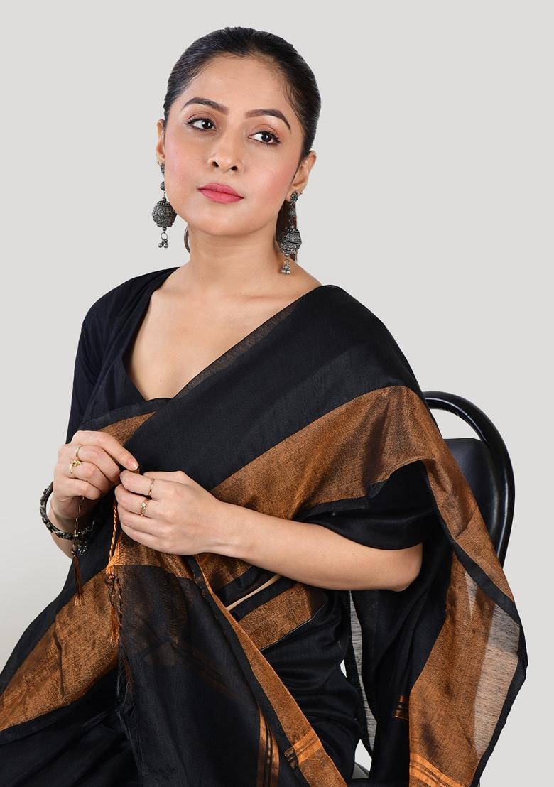 Black Embroidered Linen Saree Set