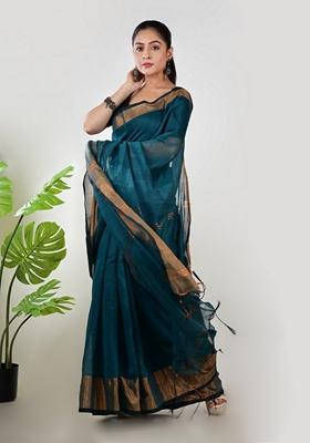 Turquoise Embroidered Linen Saree Set