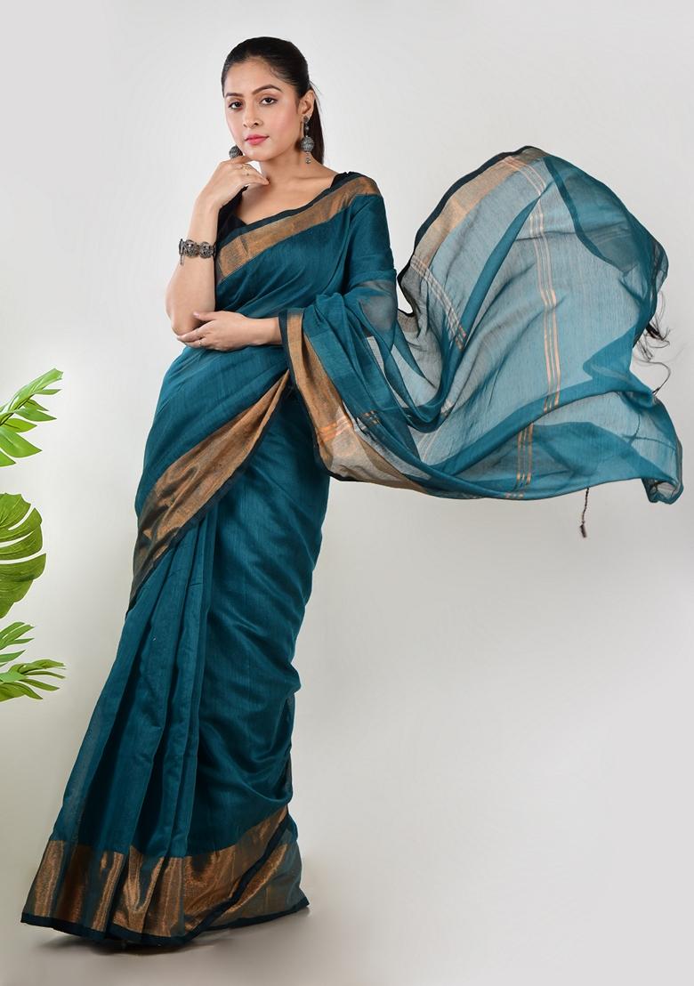 Turquoise Embroidered Linen Saree Set