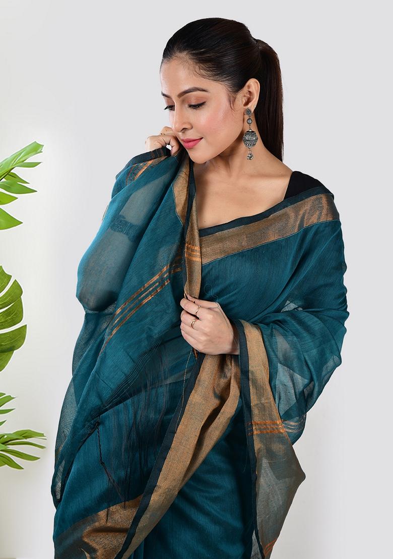 Turquoise Embroidered Linen Saree Set