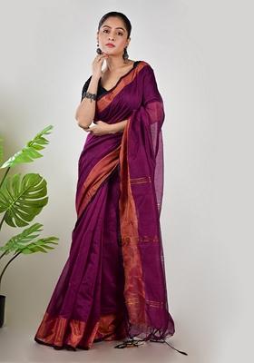 Purple Embroidered Linen Saree Set