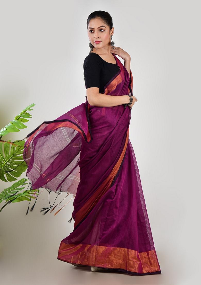 Purple Embroidered Linen Saree Set