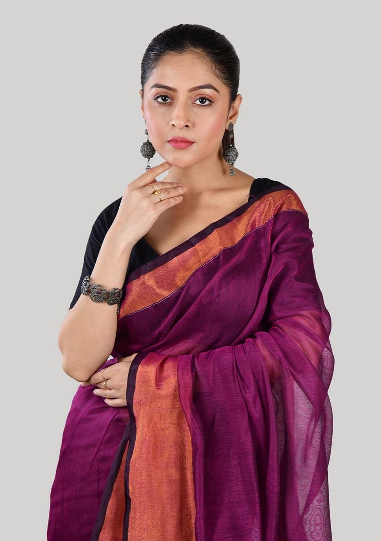 Purple Embroidered Linen Saree Set