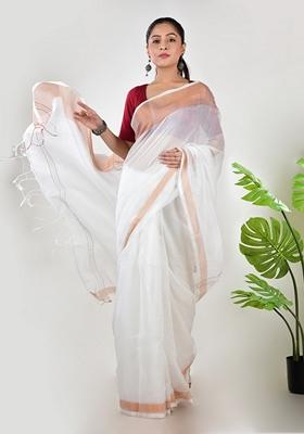 White Embroidered Linen Saree Set