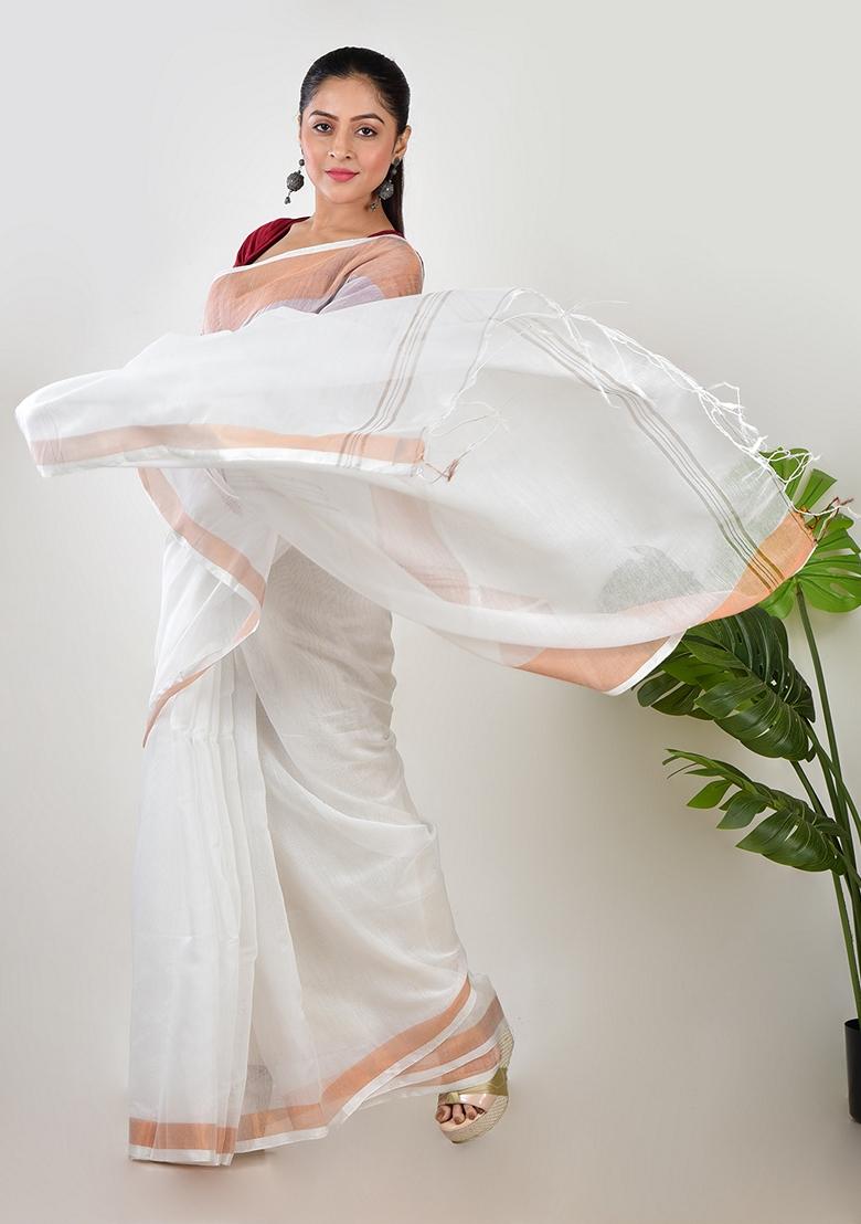 White Embroidered Linen Saree Set