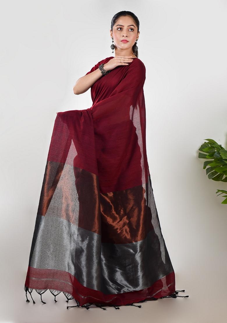 Maroon Embroidered Cotton Saree Set