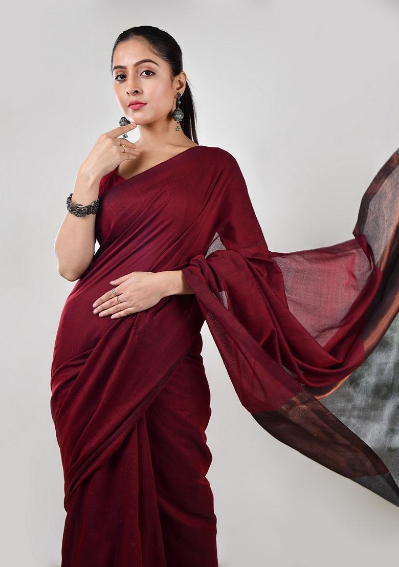 Maroon Embroidered Cotton Saree Set