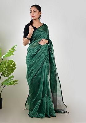 Green Embroidered Linen Saree Set