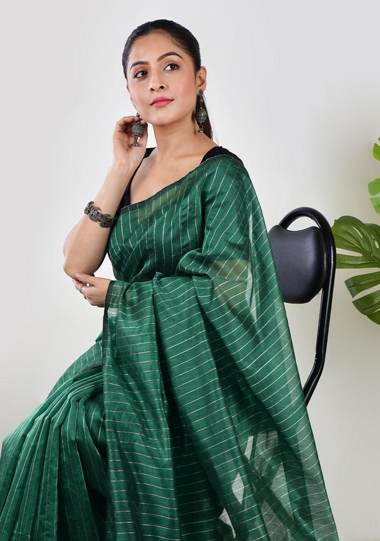 Green Embroidered Linen Saree Set
