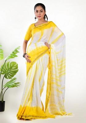 Yellow Tie And Dye Cotton Saree Set