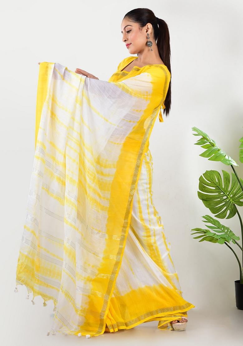 Yellow Tie And Dye Cotton Saree Set