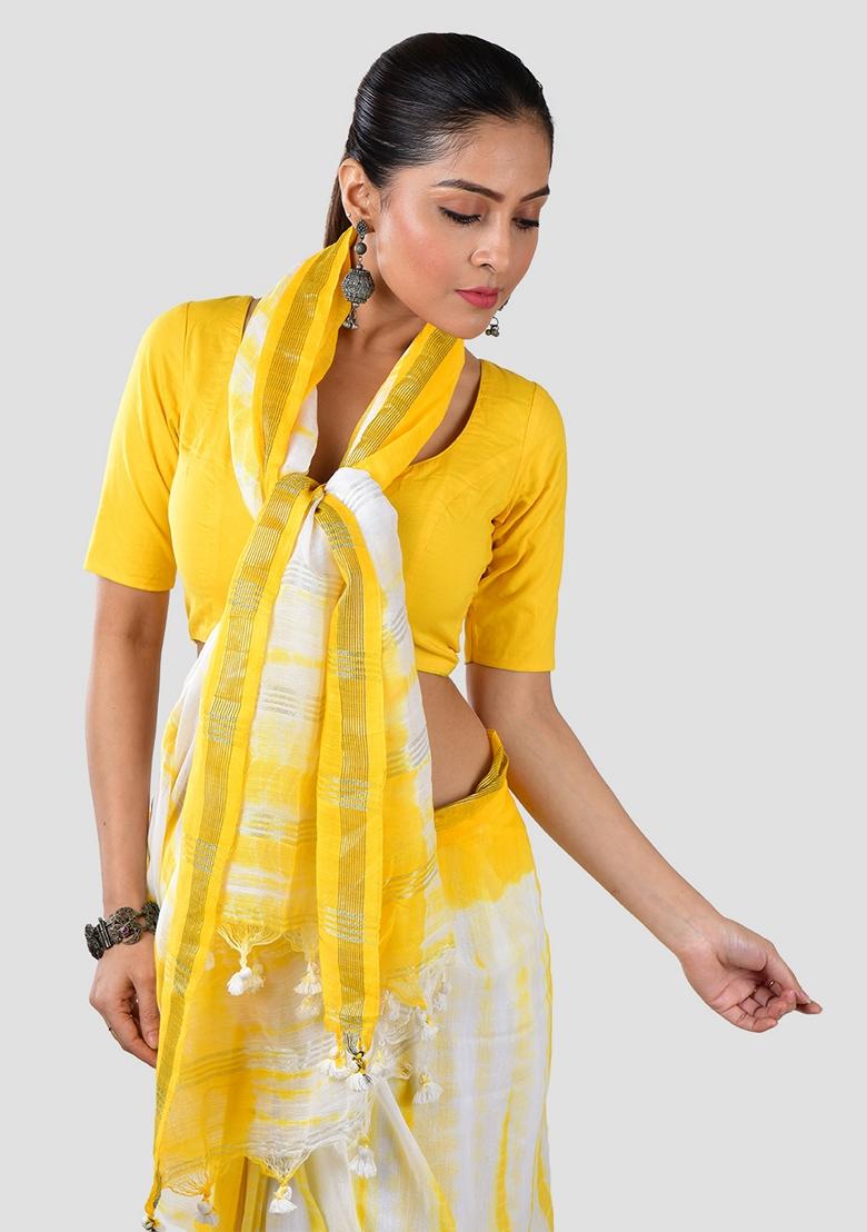 Yellow Tie And Dye Cotton Saree Set