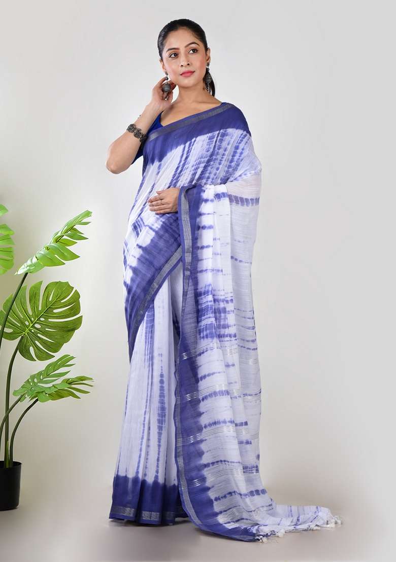 Blue Tie And Dye Cotton Saree Set for Diwali | Wedding & Festive Wear - Indya