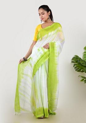 Green Tie And Dye Cotton Saree Set