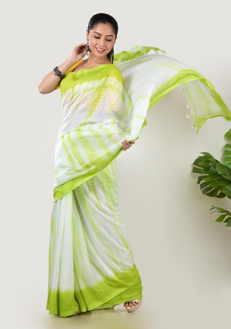 Green Tie And Dye Cotton Saree Set