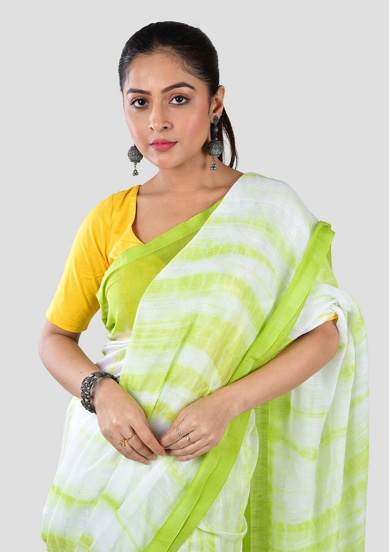 Green Tie And Dye Cotton Saree Set