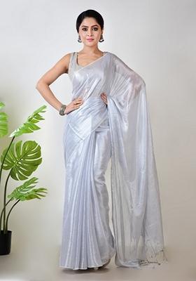 White Solid Tissue Saree Set