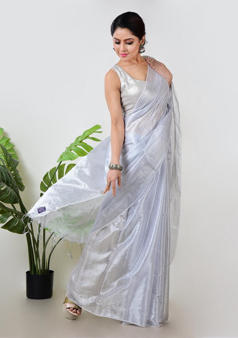 White Solid Tissue Saree Set