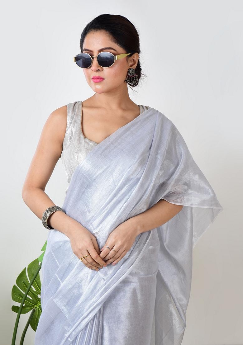 White Solid Tissue Saree Set