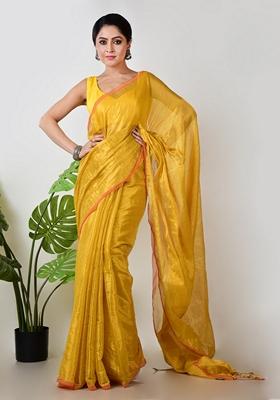 Yellow Solid Tissue Saree Set