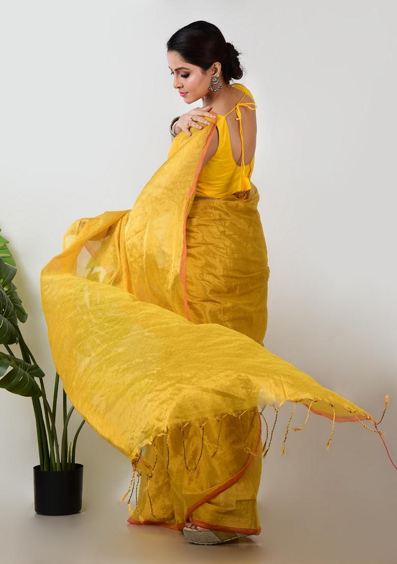 Yellow Solid Tissue Saree Set