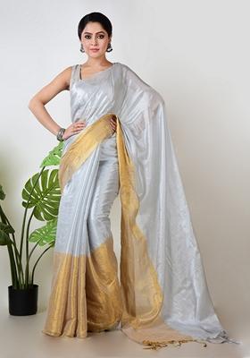 White Solid Tissue Saree Set