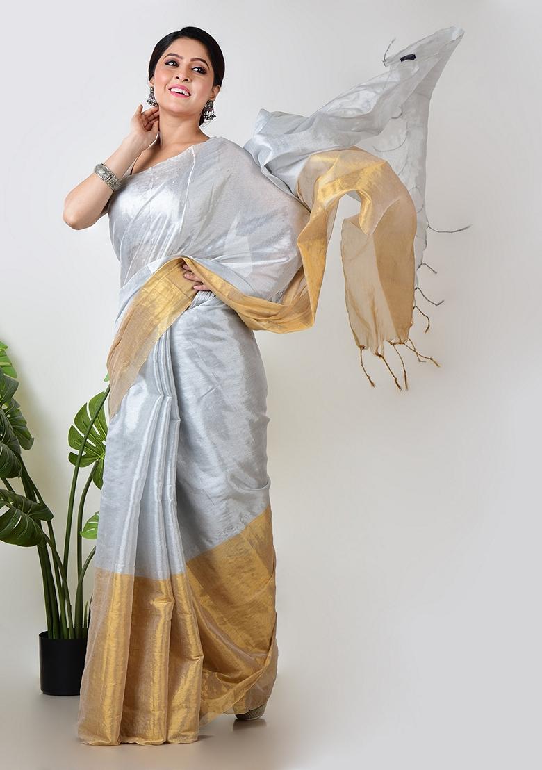 White Solid Tissue Saree Set