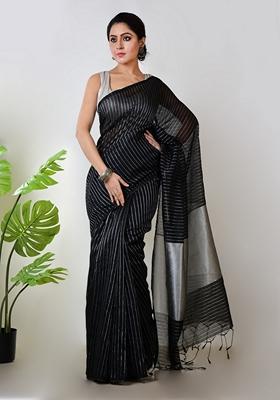Black Embroidered Linen Saree Set